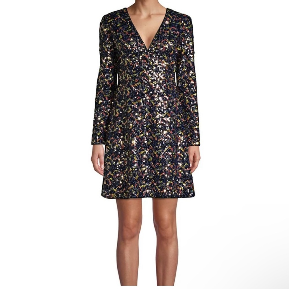 Aidan Mattox Womens Multi Color Sequin V-Neck Long Sleeve Mini Dress‎ Size 6